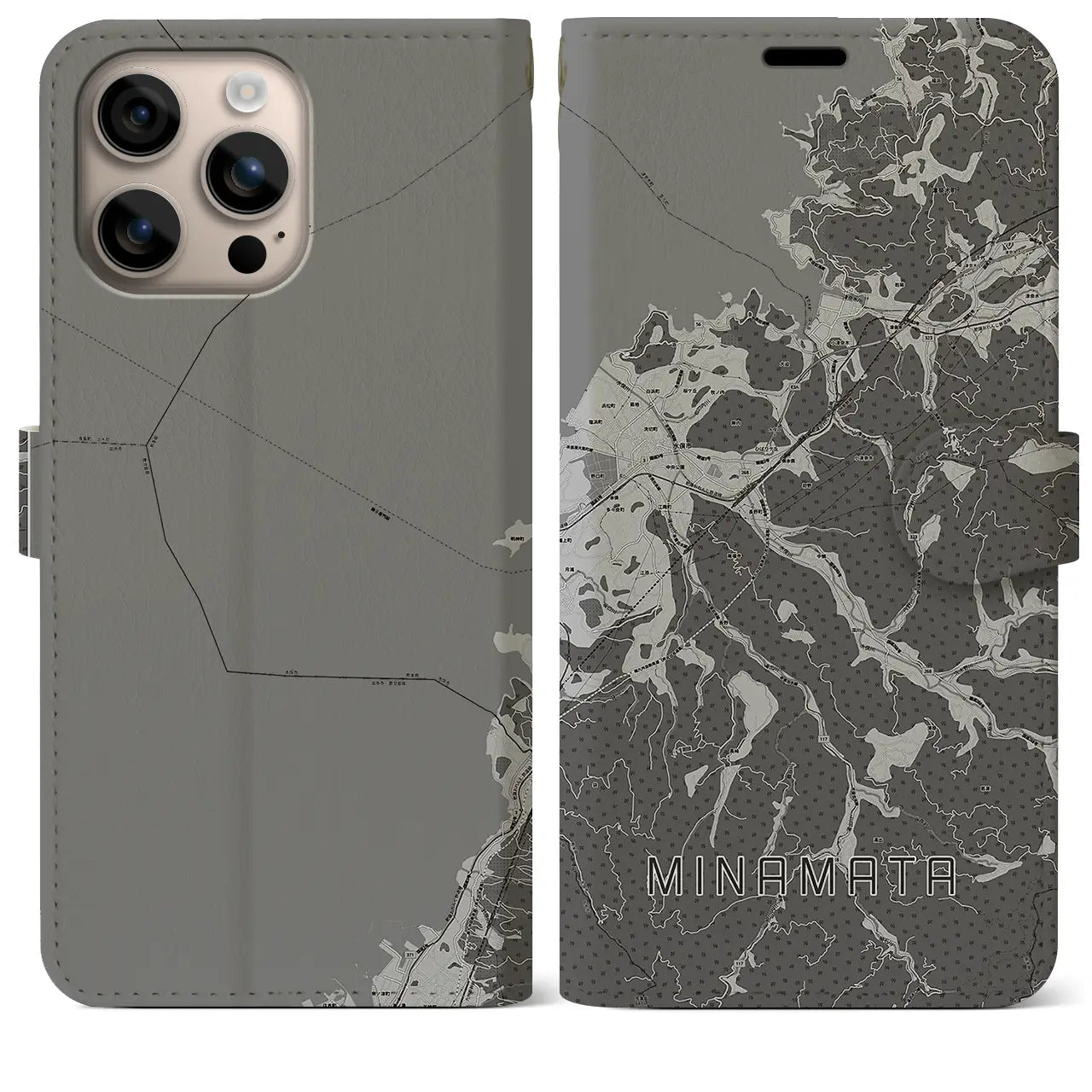 【水俣(熊本県)】地図柄iPhoneケース(手帳タイプ)モノトーン・iPhone 16 Plus 用