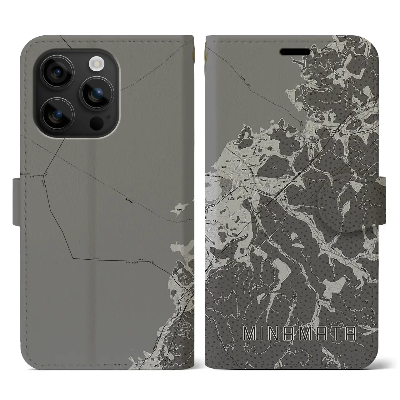 【水俣(熊本県)】地図柄iPhoneケース(手帳タイプ)モノトーン・iPhone 16 用