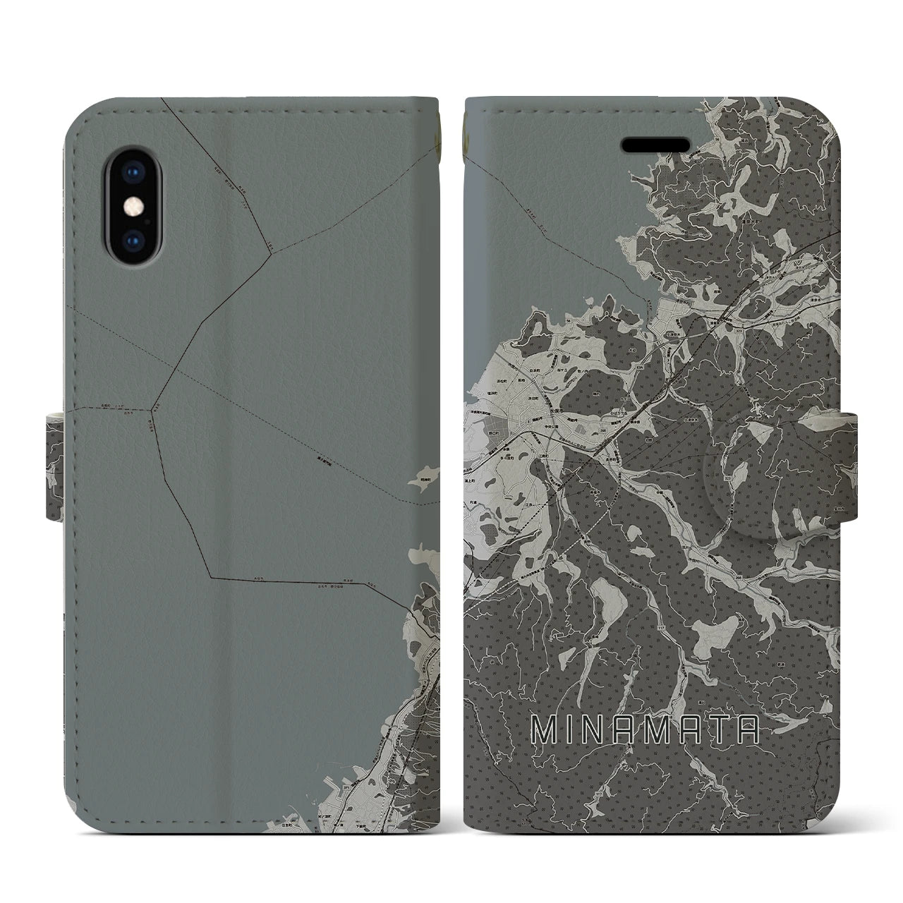 【水俣(熊本県)】地図柄iPhoneケース(手帳タイプ)モノトーン・iPhone XS / X 用