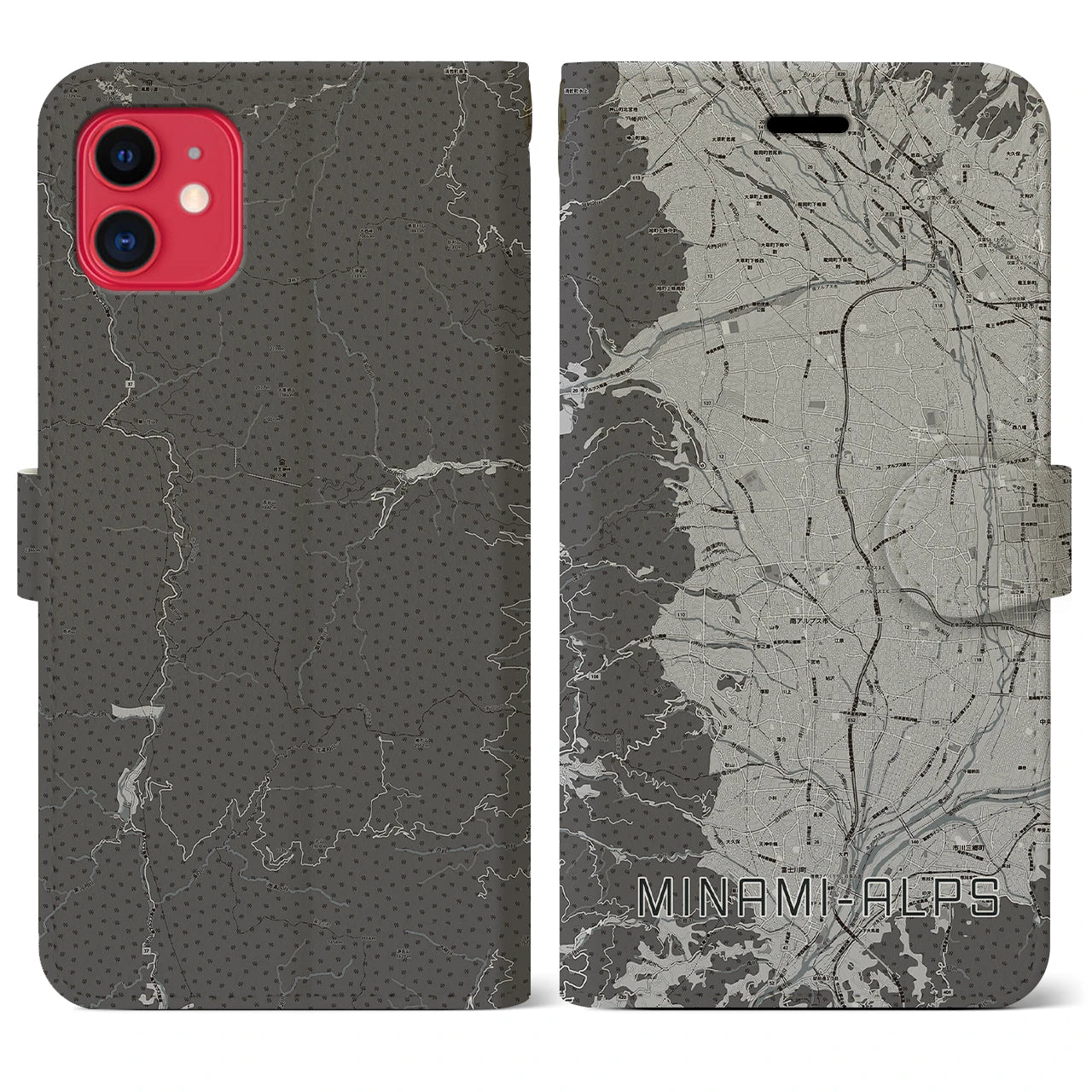 【南アルプス(山梨県)】地図柄iPhoneケース(手帳タイプ)モノトーン・iPhone 11 用
