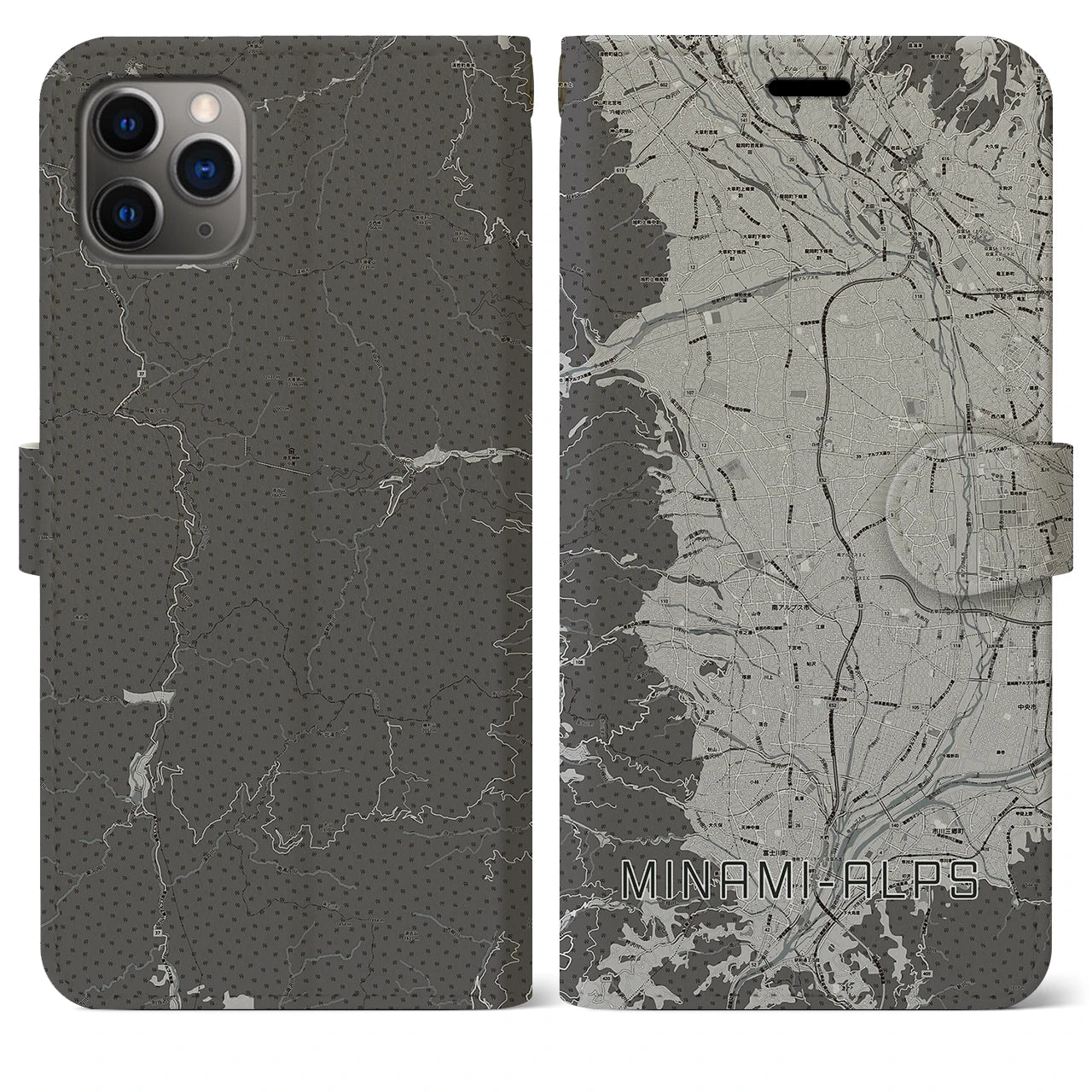 【南アルプス(山梨県)】地図柄iPhoneケース(手帳タイプ)モノトーン・iPhone 11 Pro Max 用