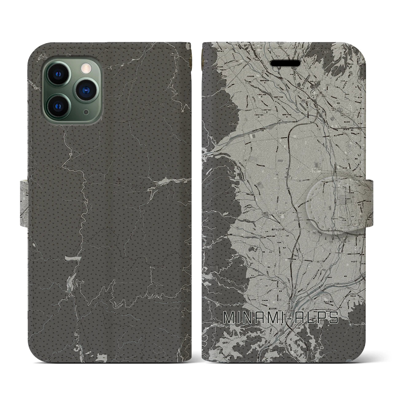 【南アルプス(山梨県)】地図柄iPhoneケース(手帳タイプ)モノトーン・iPhone 11 Pro 用