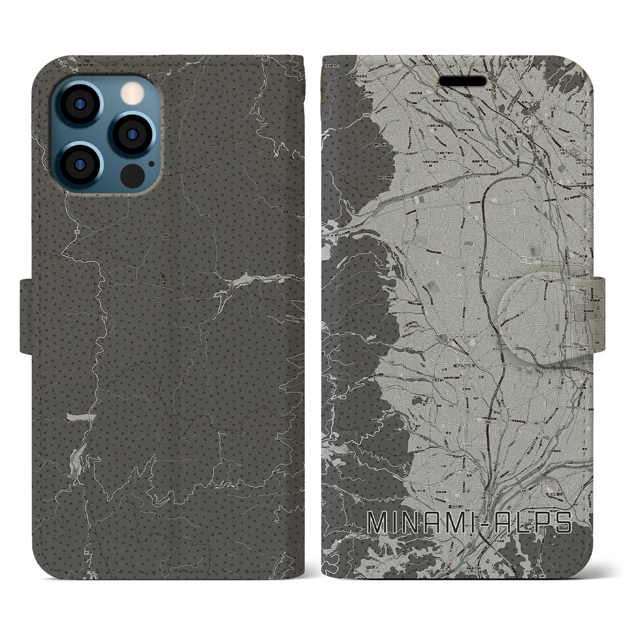 【南アルプス(山梨県)】地図柄iPhoneケース(手帳タイプ)モノトーン・iPhone 12 / 12 Pro 用
