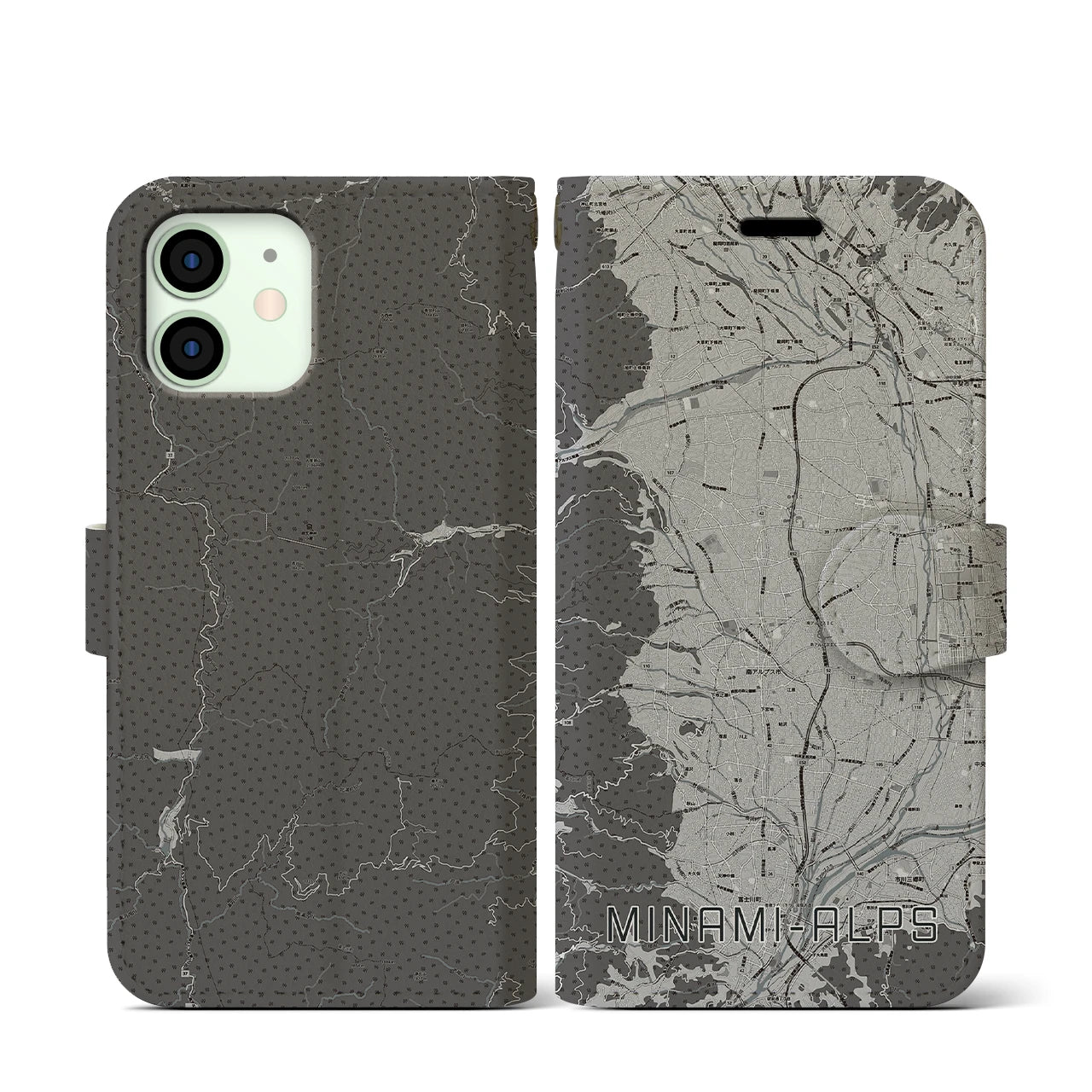 【南アルプス(山梨県)】地図柄iPhoneケース(手帳タイプ)モノトーン・iPhone 12 mini 用