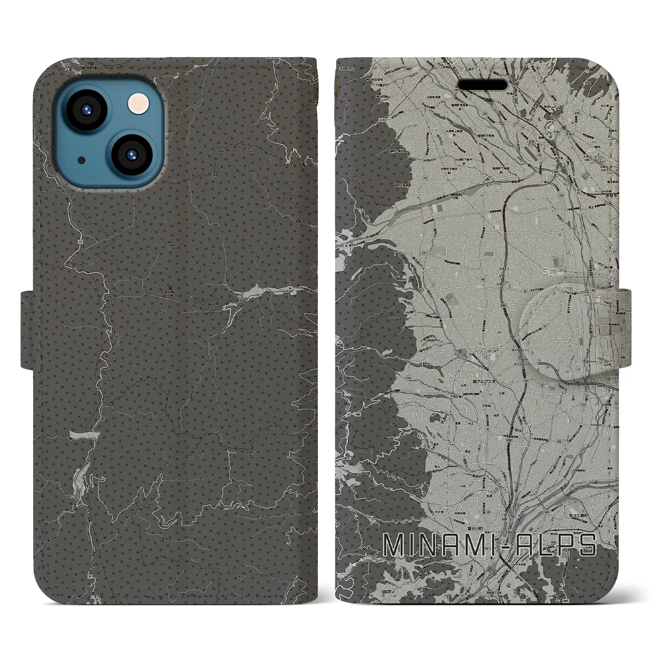 【南アルプス(山梨県)】地図柄iPhoneケース(手帳タイプ)モノトーン・iPhone 13 用