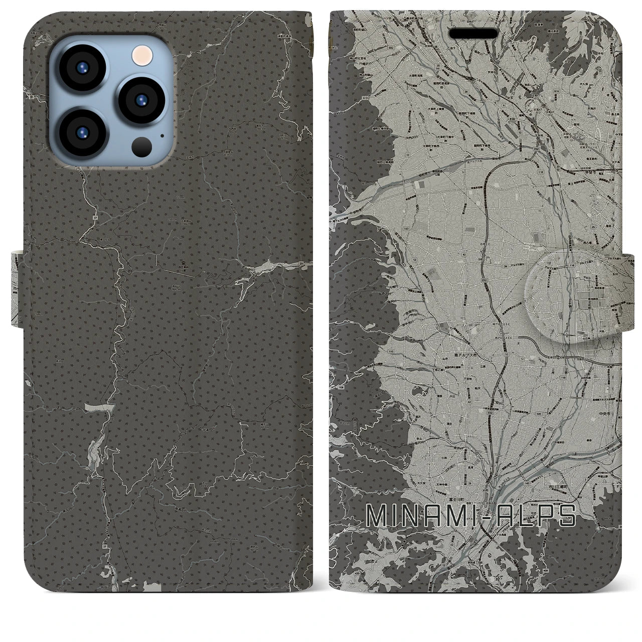 【南アルプス(山梨県)】地図柄iPhoneケース(手帳タイプ)モノトーン・iPhone 13 Pro Max 用
