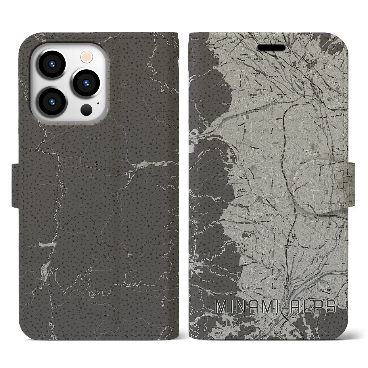 【南アルプス(山梨県)】地図柄iPhoneケース(手帳タイプ)モノトーン・iPhone 13 Pro 用