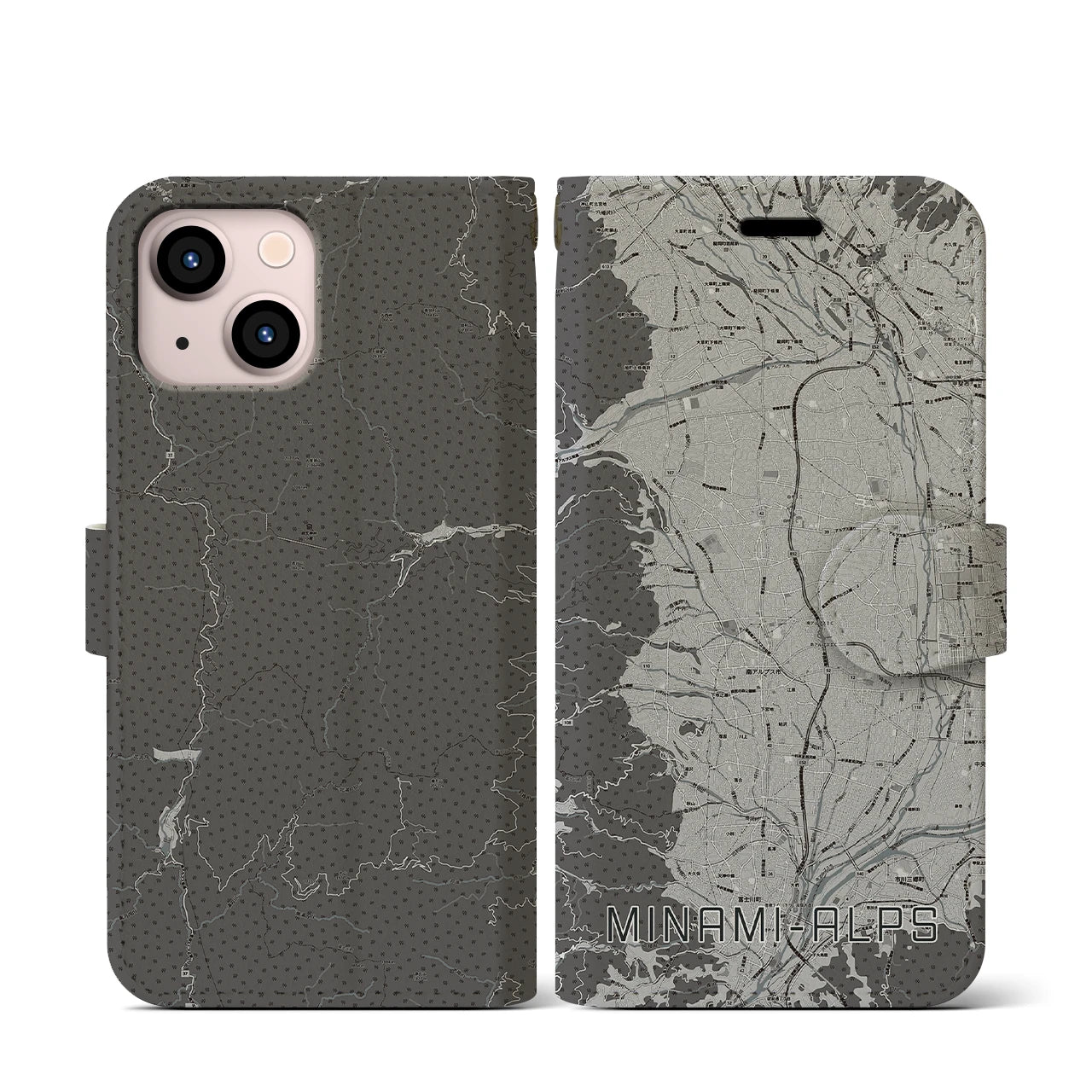 【南アルプス(山梨県)】地図柄iPhoneケース(手帳タイプ)モノトーン・iPhone 13 mini 用