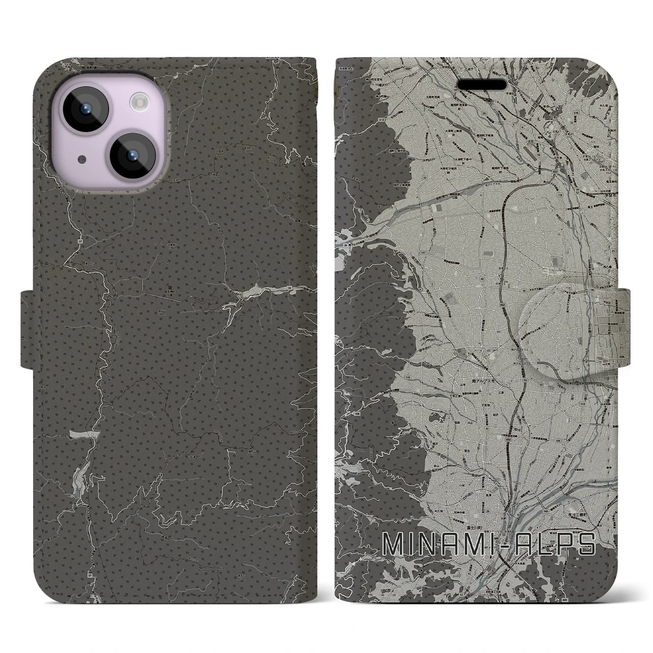 【南アルプス(山梨県)】地図柄iPhoneケース(手帳タイプ)モノトーン・iPhone 14 用