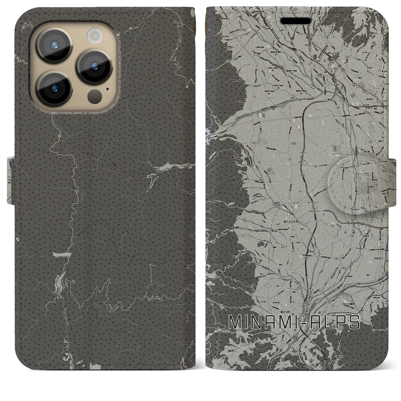 【南アルプス(山梨県)】地図柄iPhoneケース(手帳タイプ)モノトーン・iPhone 14 Pro Max 用