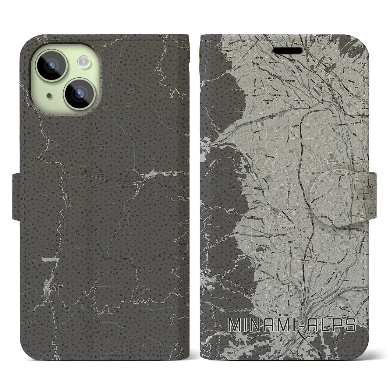 【南アルプス(山梨県)】地図柄iPhoneケース(手帳タイプ)モノトーン・iPhone 15 用