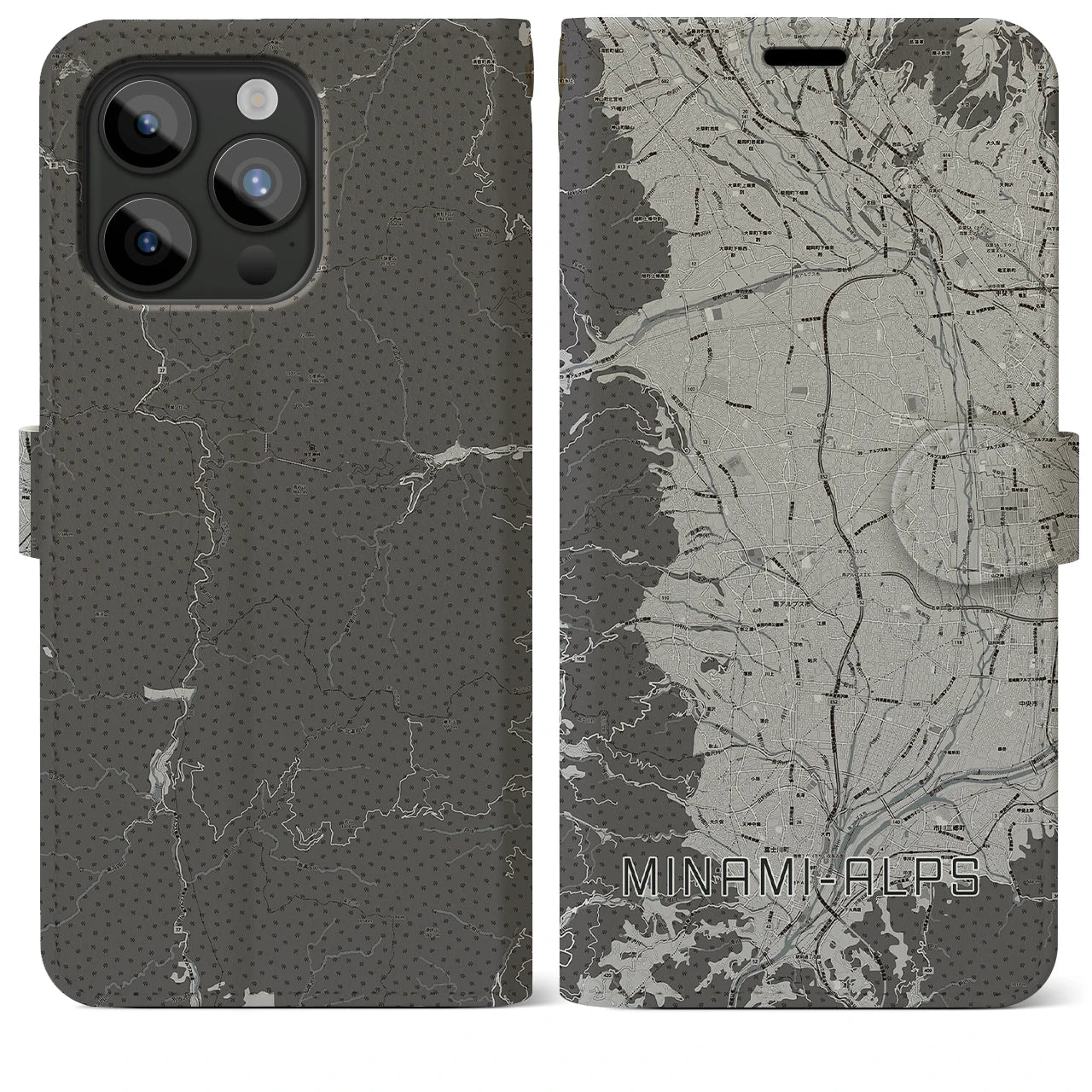 【南アルプス(山梨県)】地図柄iPhoneケース(手帳タイプ)モノトーン・iPhone 15 Pro Max 用