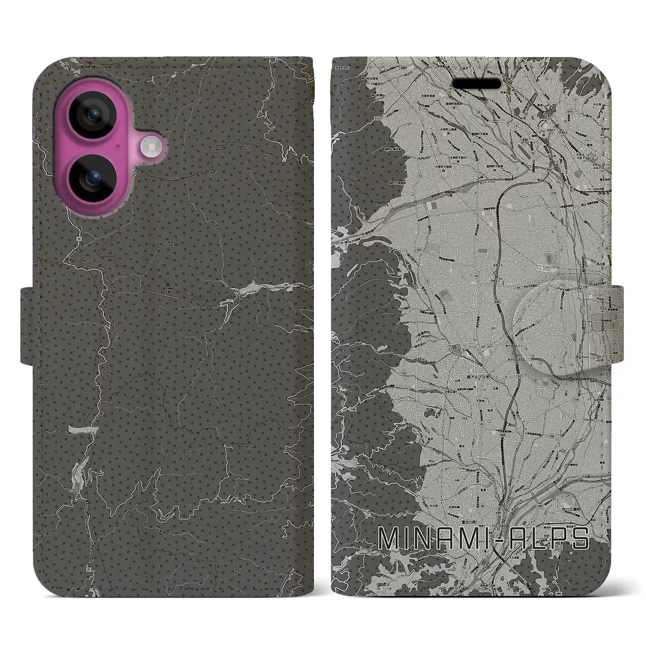 【南アルプス(山梨県)】地図柄iPhoneケース(手帳タイプ)モノトーン・iPhone 16 Pro 用