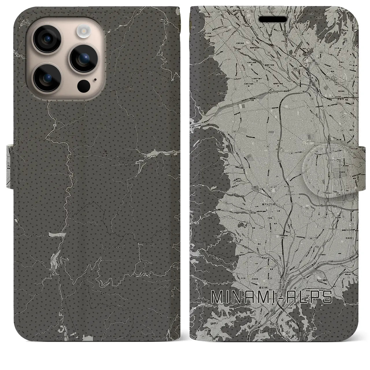 【南アルプス(山梨県)】地図柄iPhoneケース(手帳タイプ)モノトーン・iPhone 16 Plus 用