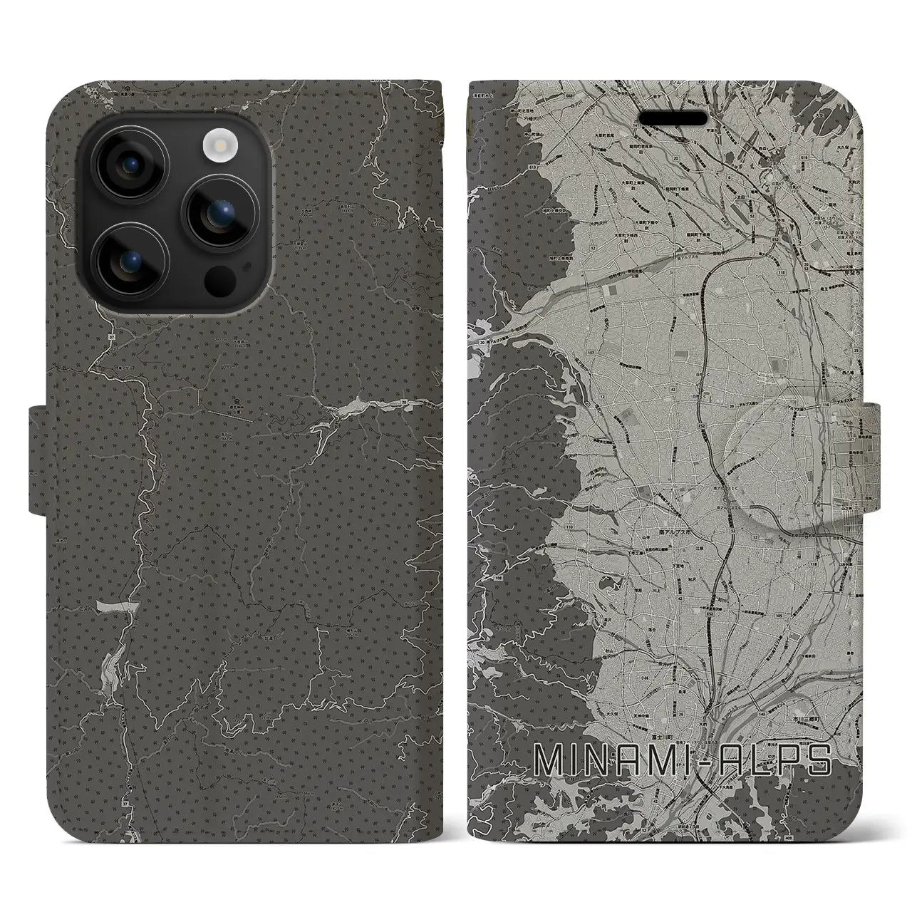 【南アルプス(山梨県)】地図柄iPhoneケース(手帳タイプ)モノトーン・iPhone 16 用