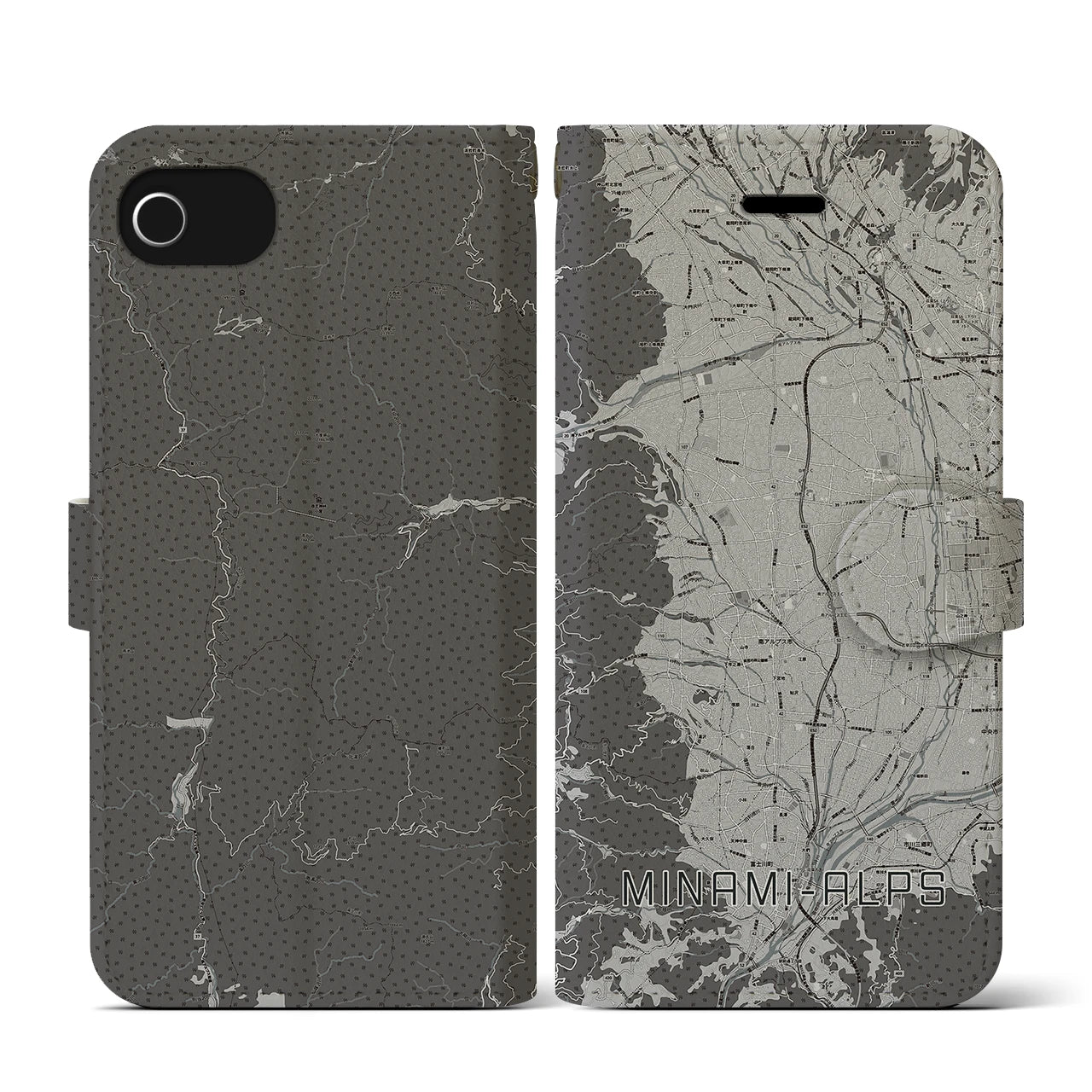 【南アルプス(山梨県)】地図柄iPhoneケース(手帳タイプ)モノトーン・iPhone SE(第3 / 第2世代) / 8 / 7 / 6s / 6 用