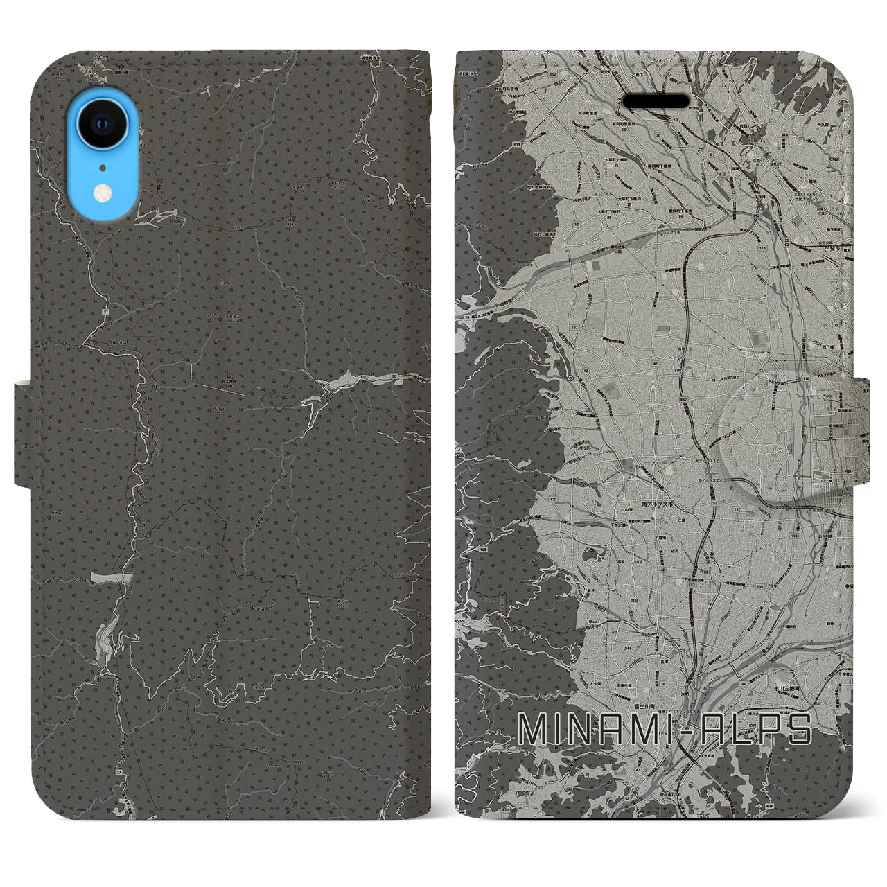 【南アルプス(山梨県)】地図柄iPhoneケース(手帳タイプ)モノトーン・iPhone XR 用