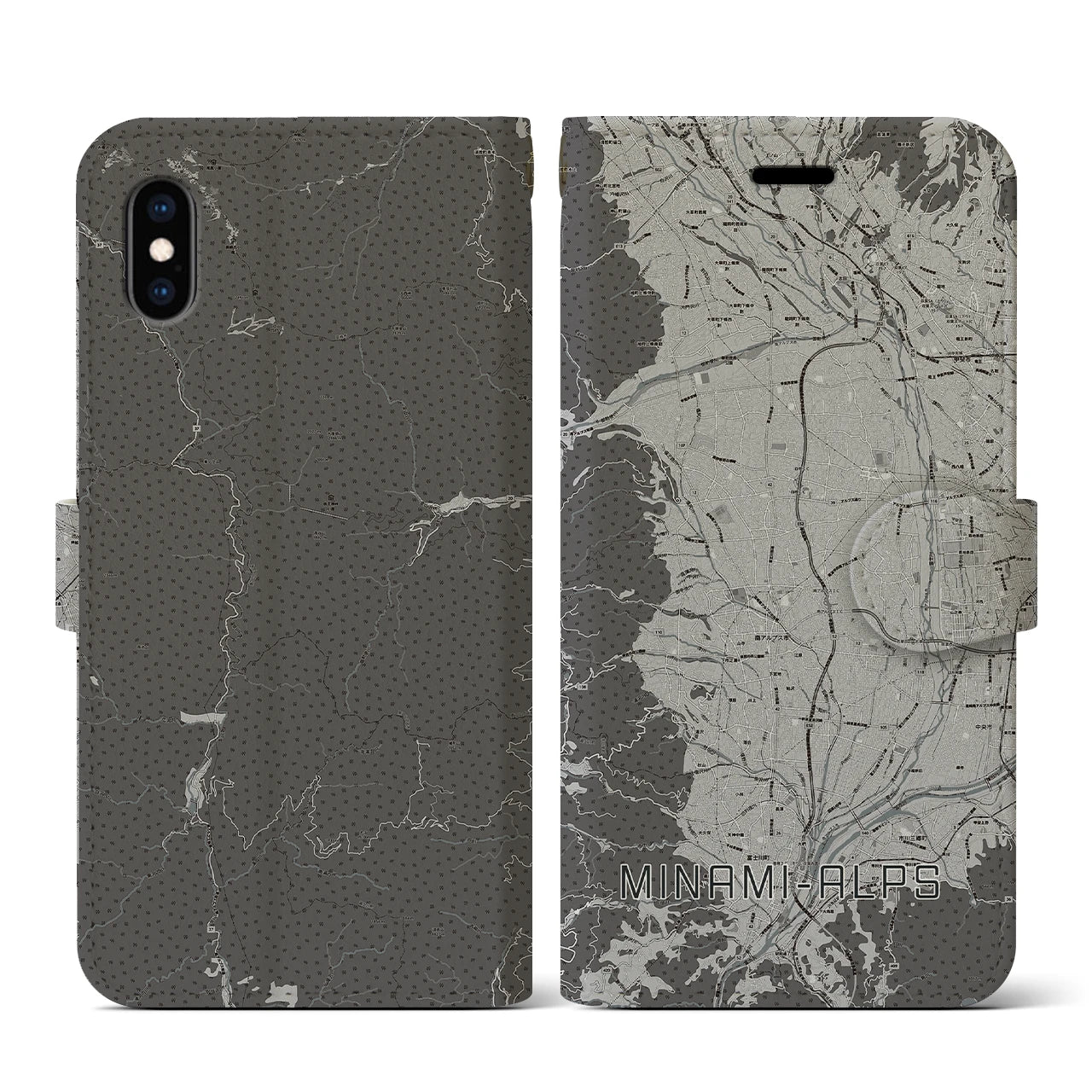 【南アルプス(山梨県)】地図柄iPhoneケース(手帳タイプ)モノトーン・iPhone XS / X 用