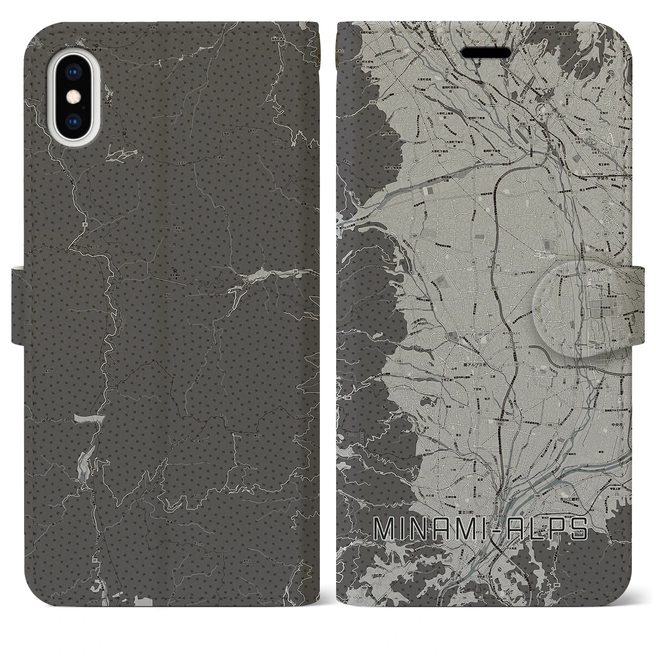 【南アルプス(山梨県)】地図柄iPhoneケース(手帳タイプ)モノトーン・iPhone XS Max 用