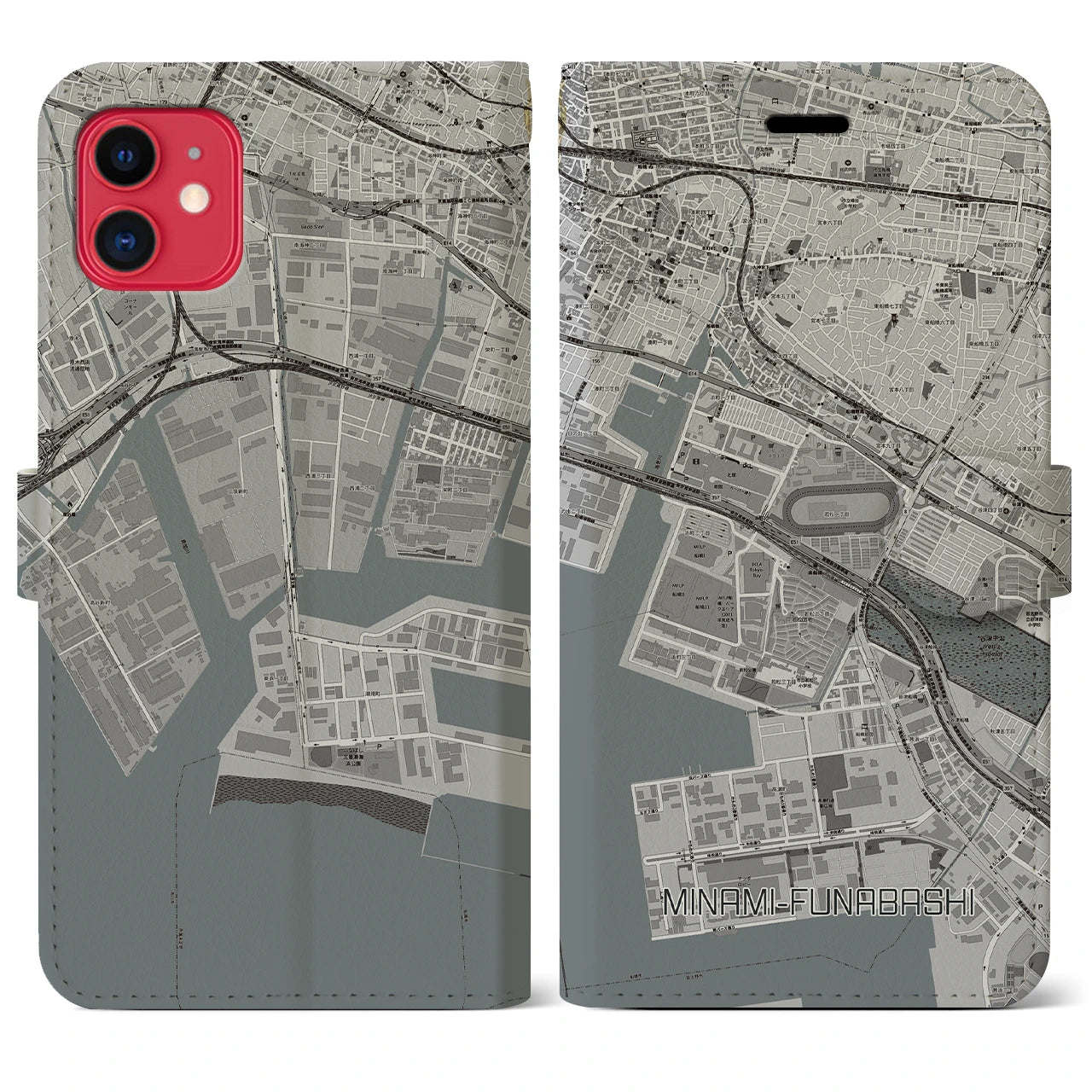 【南船橋(千葉県)】地図柄iPhoneケース(手帳タイプ)モノトーン・iPhone 11 用