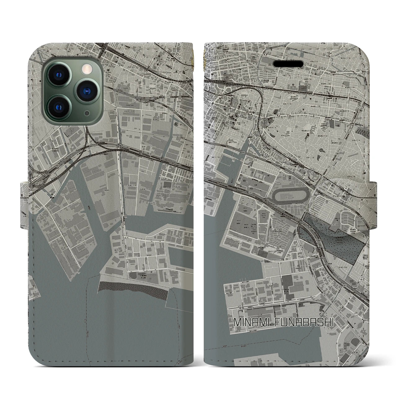 【南船橋(千葉県)】地図柄iPhoneケース(手帳タイプ)モノトーン・iPhone 11 Pro 用