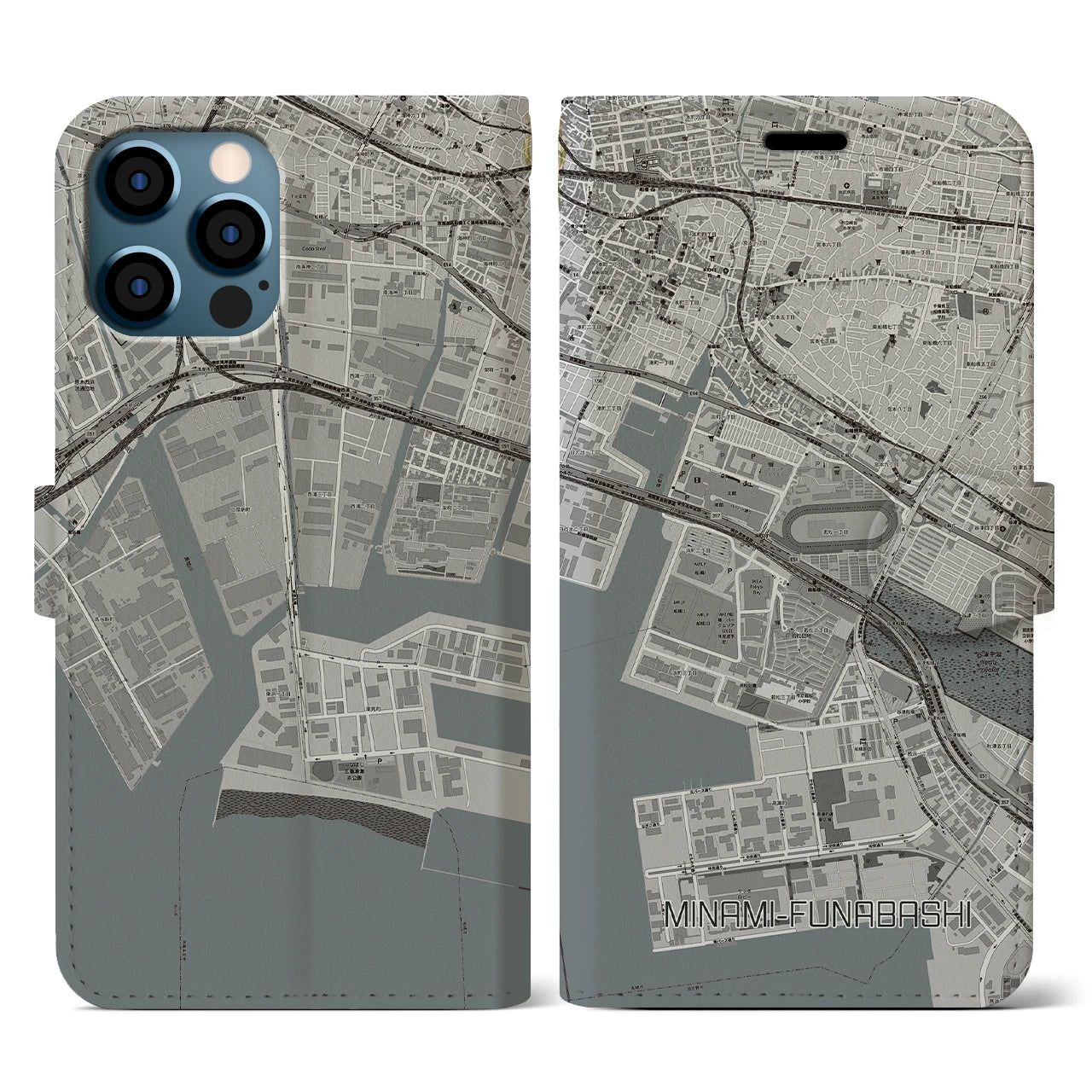 【南船橋(千葉県)】地図柄iPhoneケース(手帳タイプ)モノトーン・iPhone 12 / 12 Pro 用