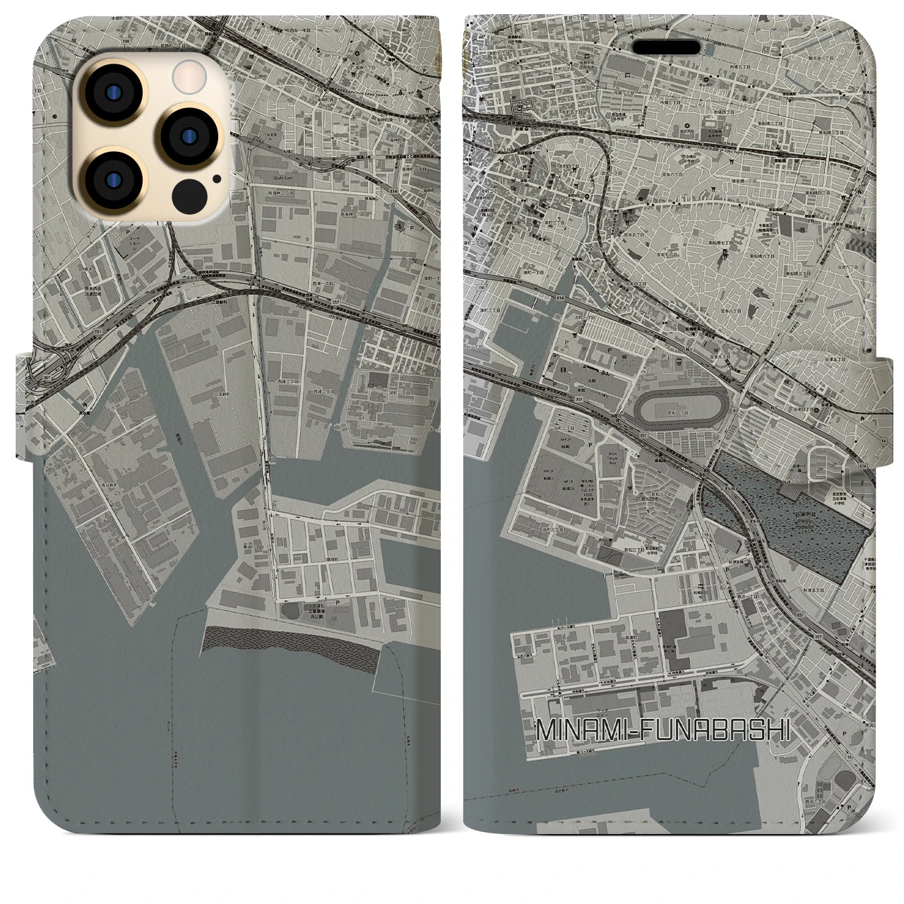 【南船橋(千葉県)】地図柄iPhoneケース(手帳タイプ)モノトーン・iPhone 12 Pro Max 用