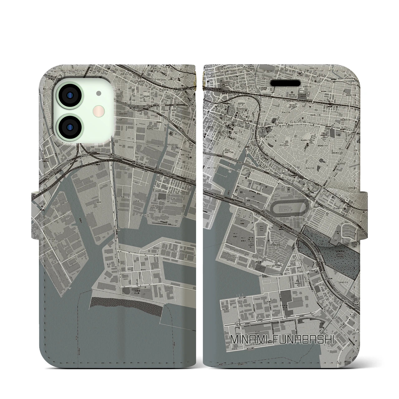 【南船橋(千葉県)】地図柄iPhoneケース(手帳タイプ)モノトーン・iPhone 12 mini 用