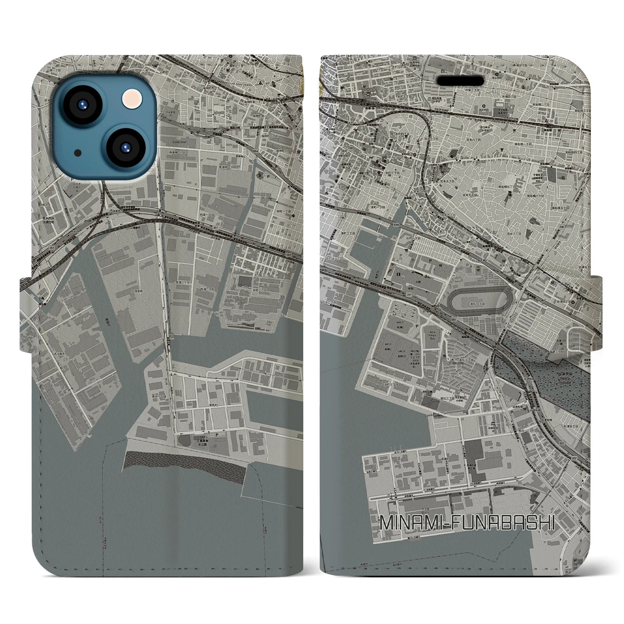 【南船橋(千葉県)】地図柄iPhoneケース(手帳タイプ)モノトーン・iPhone 13 用