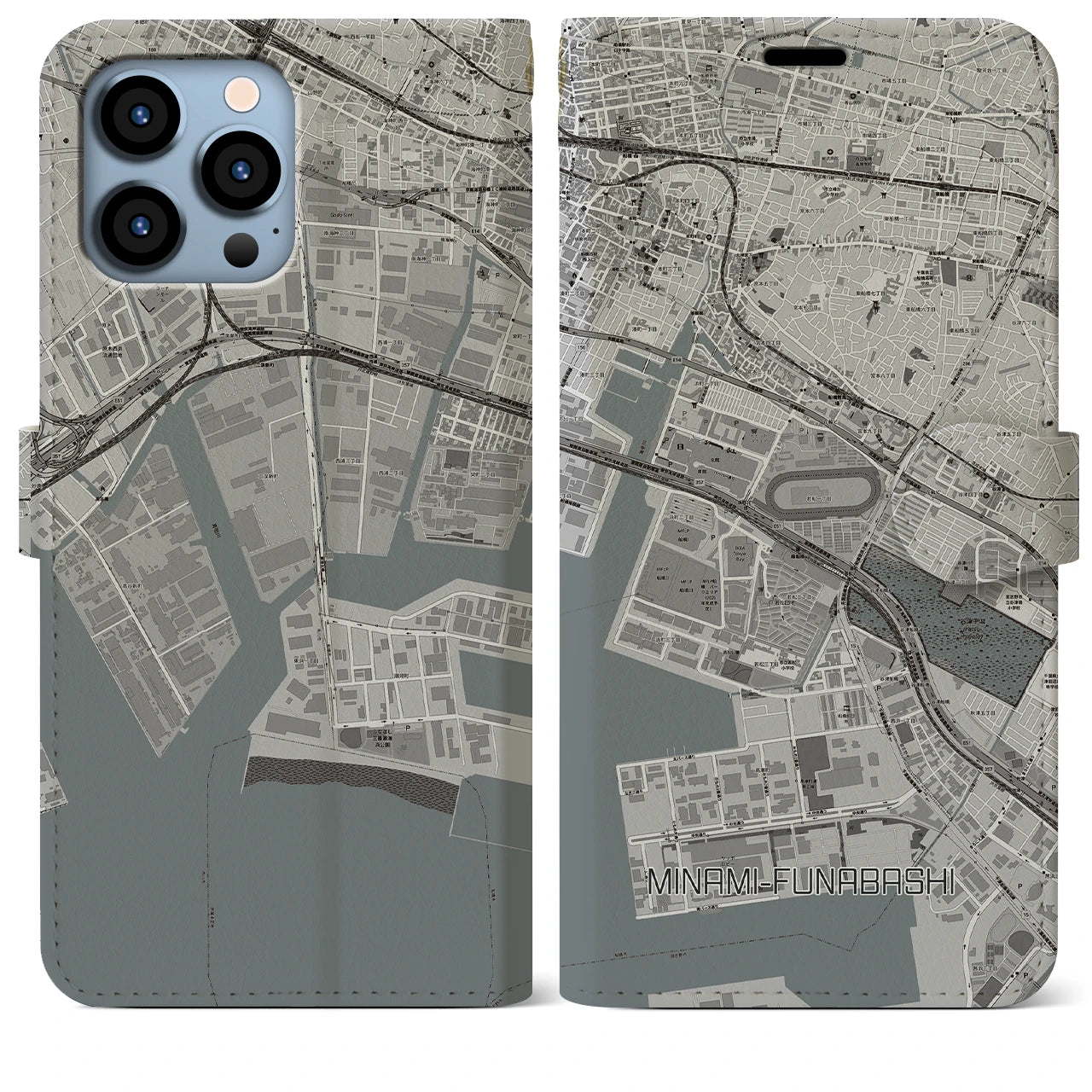 【南船橋(千葉県)】地図柄iPhoneケース(手帳タイプ)モノトーン・iPhone 13 Pro Max 用
