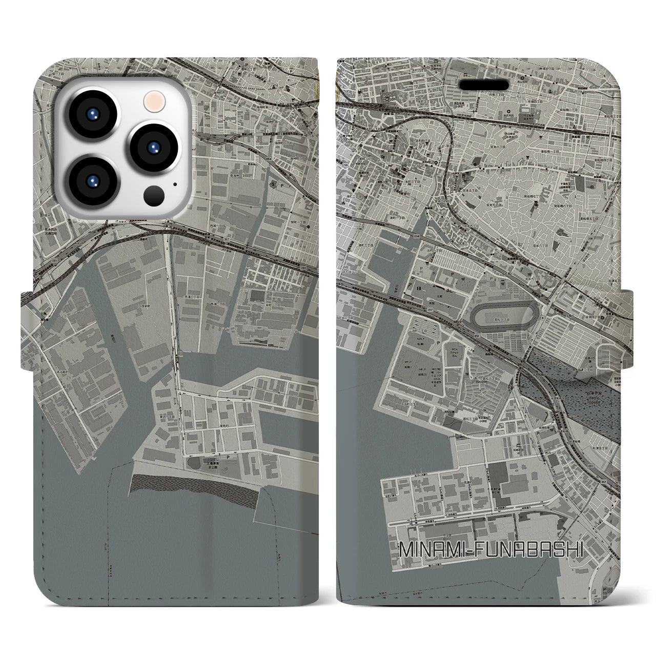 【南船橋(千葉県)】地図柄iPhoneケース(手帳タイプ)モノトーン・iPhone 13 Pro 用