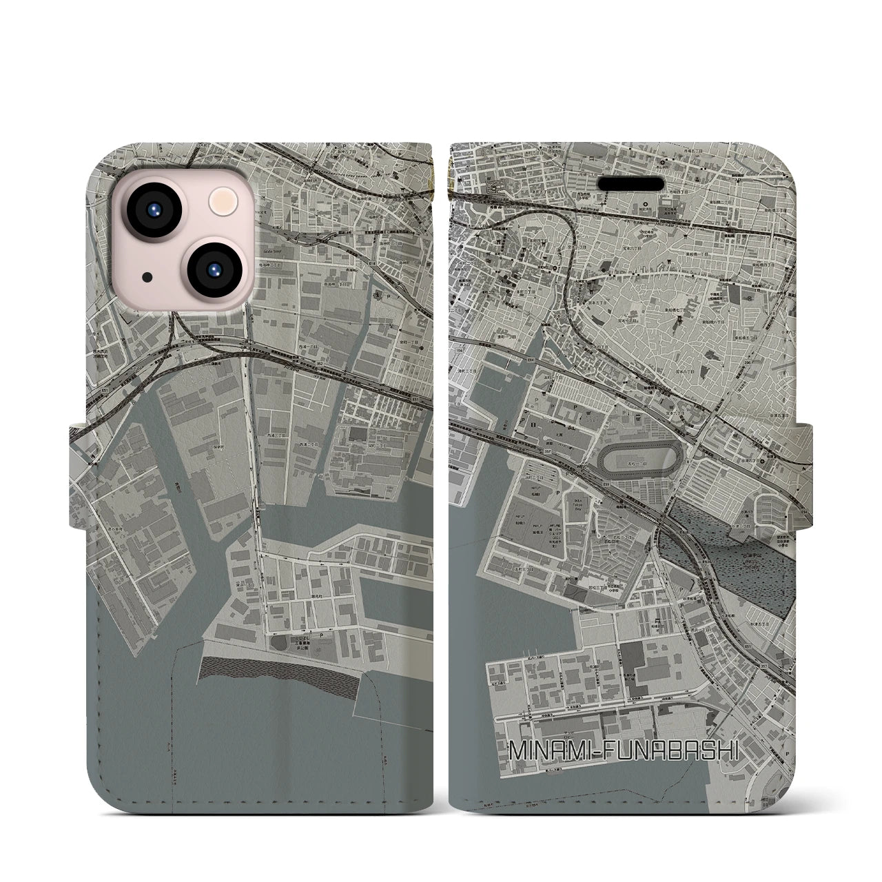 【南船橋(千葉県)】地図柄iPhoneケース(手帳タイプ)モノトーン・iPhone 13 mini 用