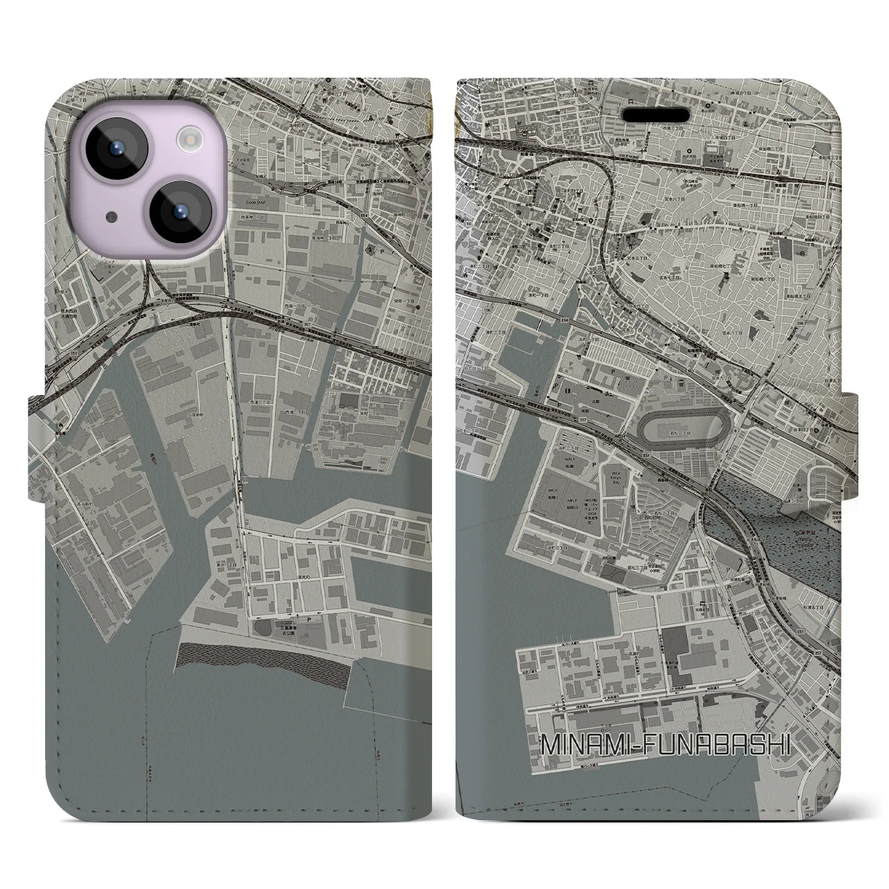 【南船橋(千葉県)】地図柄iPhoneケース(手帳タイプ)モノトーン・iPhone 14 用