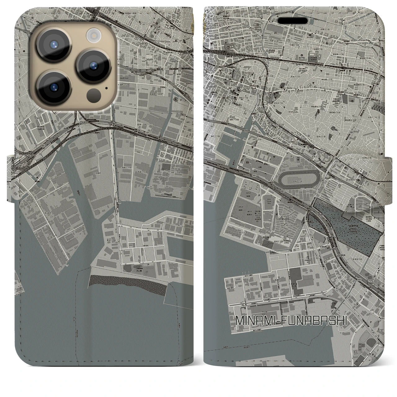 【南船橋(千葉県)】地図柄iPhoneケース(手帳タイプ)モノトーン・iPhone 14 Pro Max 用