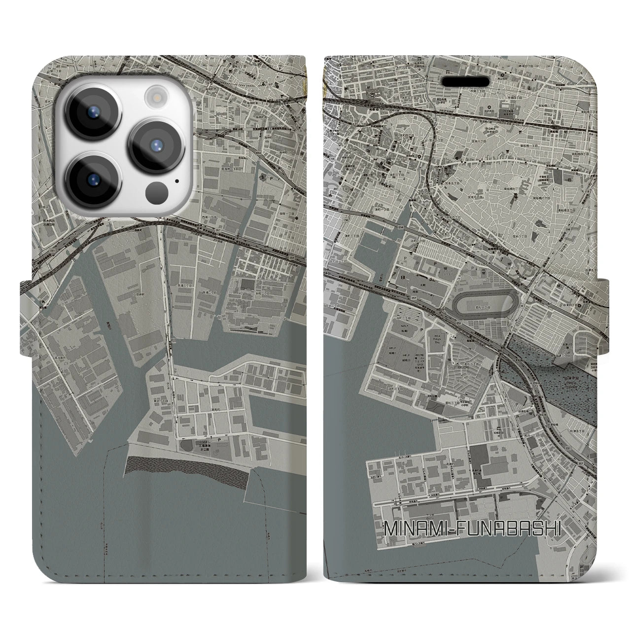 【南船橋(千葉県)】地図柄iPhoneケース(手帳タイプ)モノトーン・iPhone 14 Pro 用