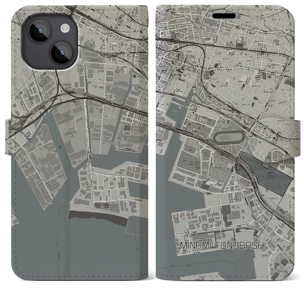 【南船橋(千葉県)】地図柄iPhoneケース(手帳タイプ)モノトーン・iPhone 14 Plus 用