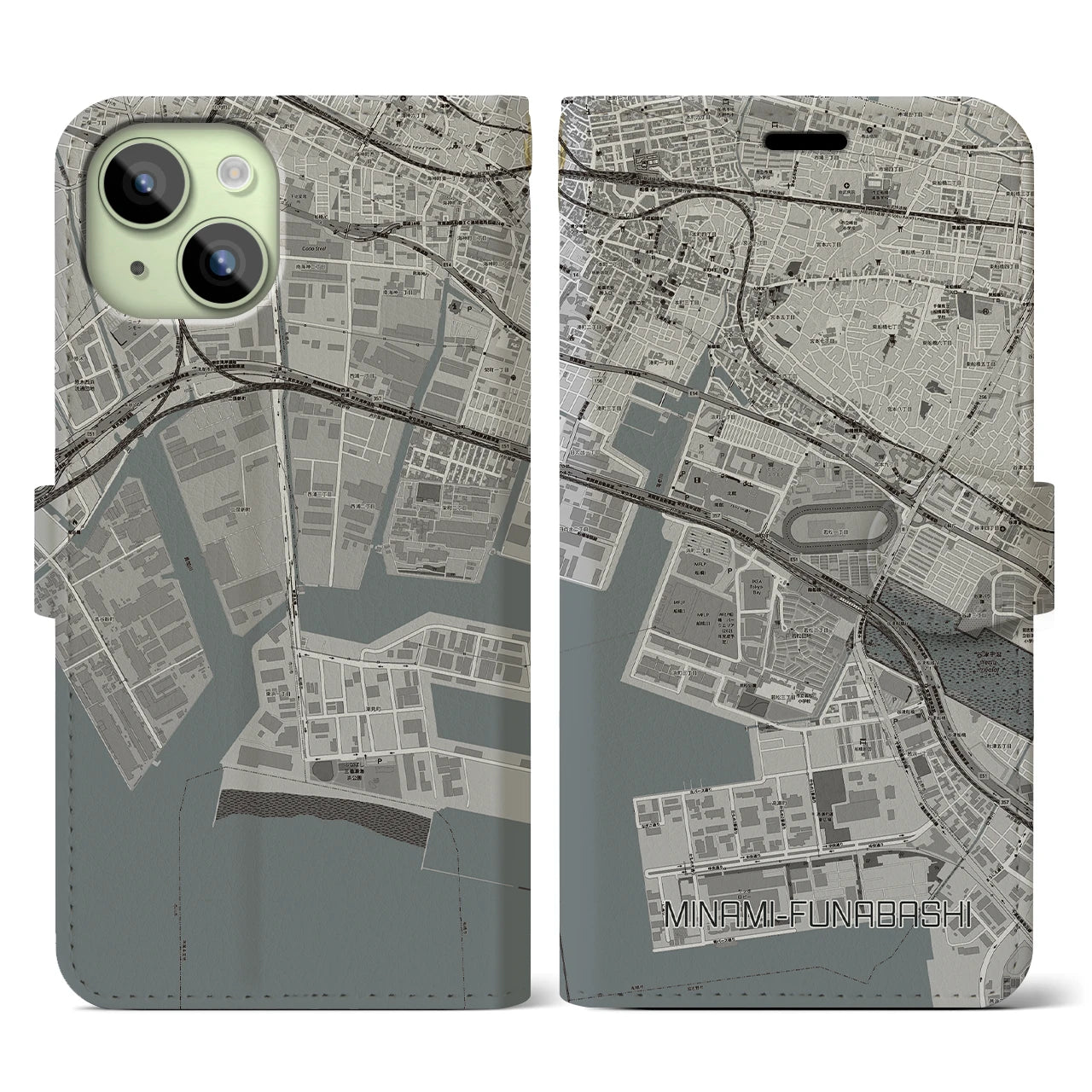 【南船橋(千葉県)】地図柄iPhoneケース(手帳タイプ)モノトーン・iPhone 15 用