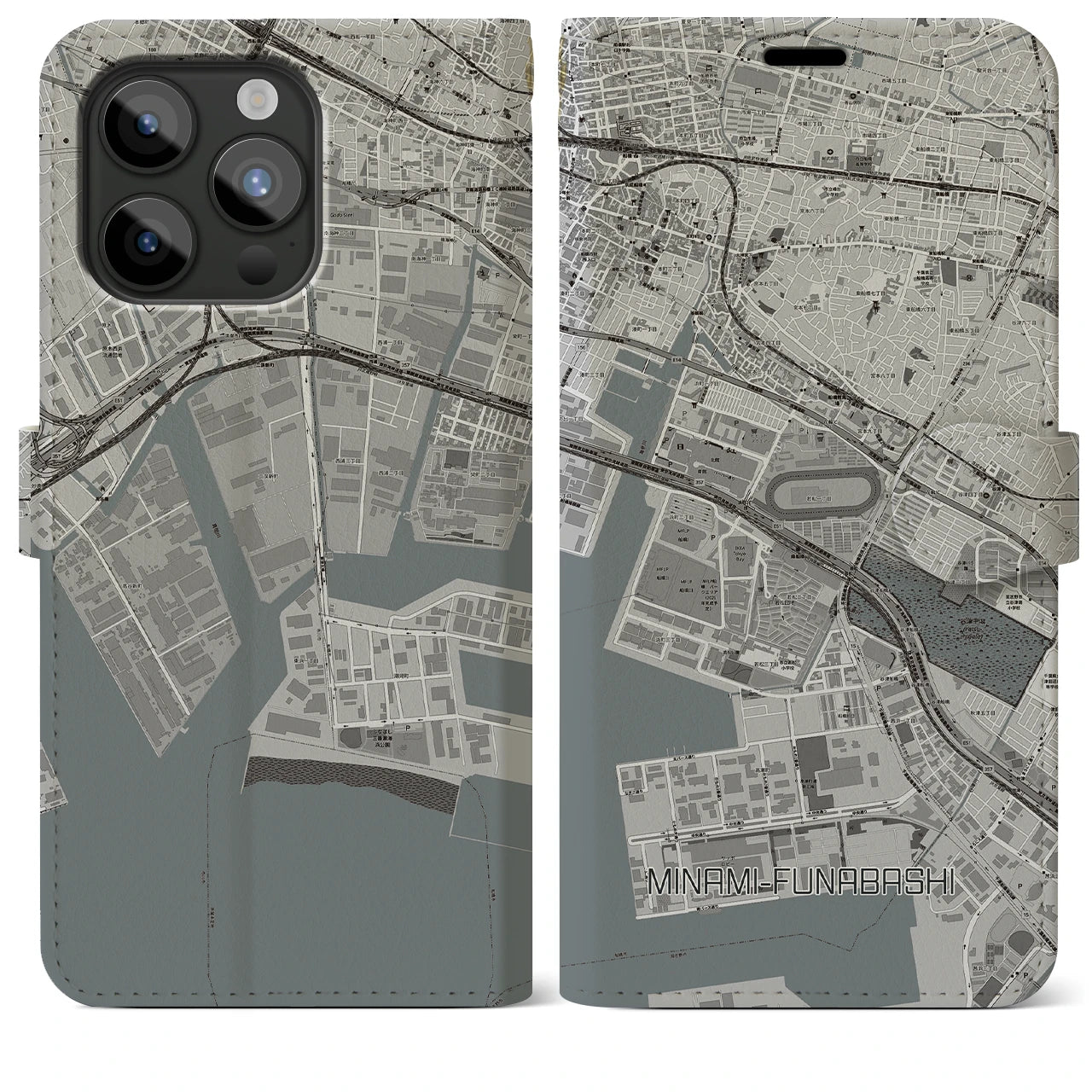 【南船橋(千葉県)】地図柄iPhoneケース(手帳タイプ)モノトーン・iPhone 15 Pro Max 用