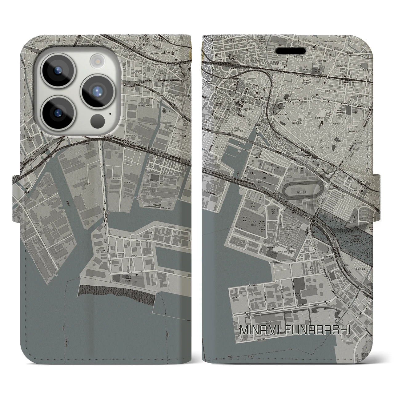 【南船橋(千葉県)】地図柄iPhoneケース(手帳タイプ)モノトーン・iPhone 15 Pro 用