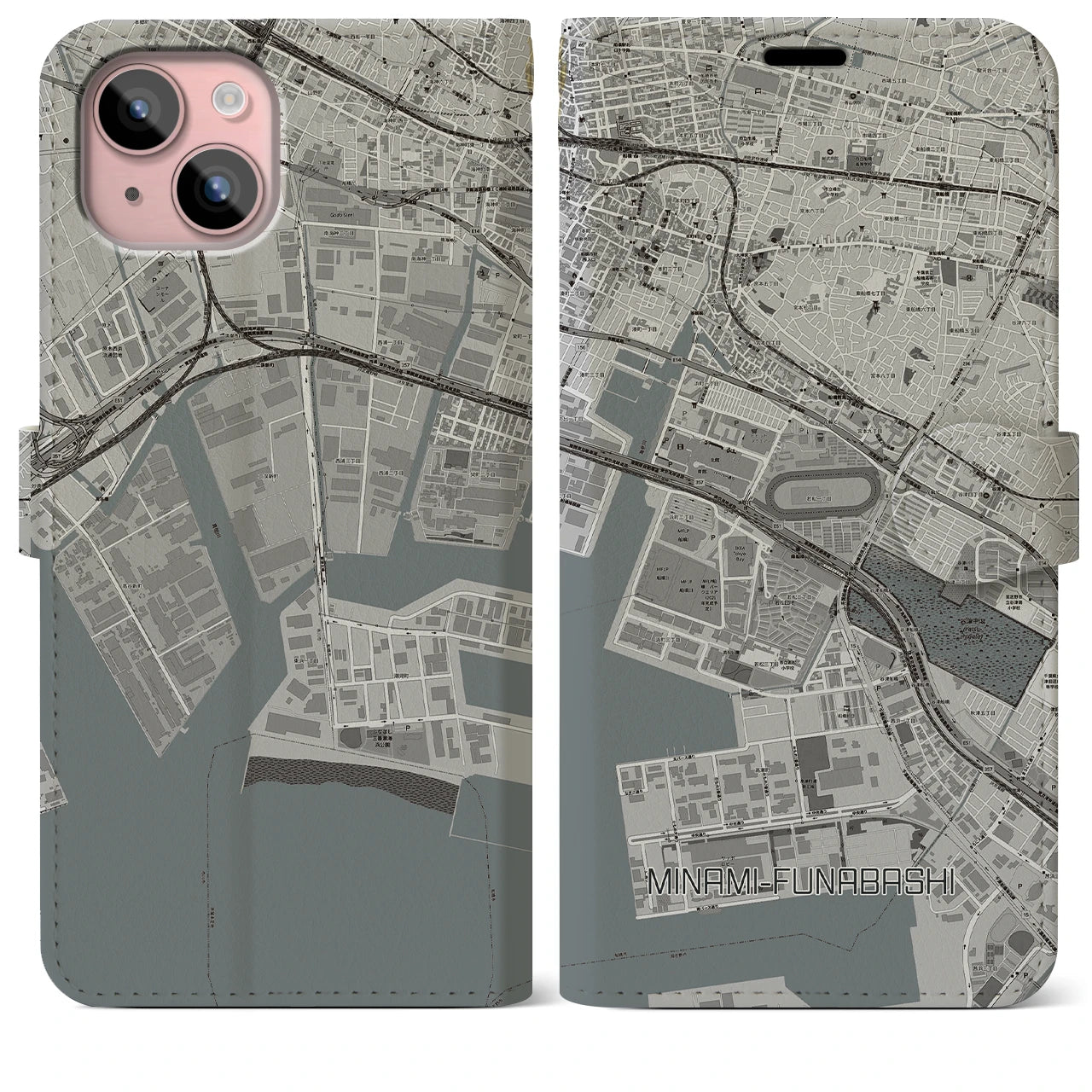 【南船橋(千葉県)】地図柄iPhoneケース(手帳タイプ)モノトーン・iPhone 15 Plus 用