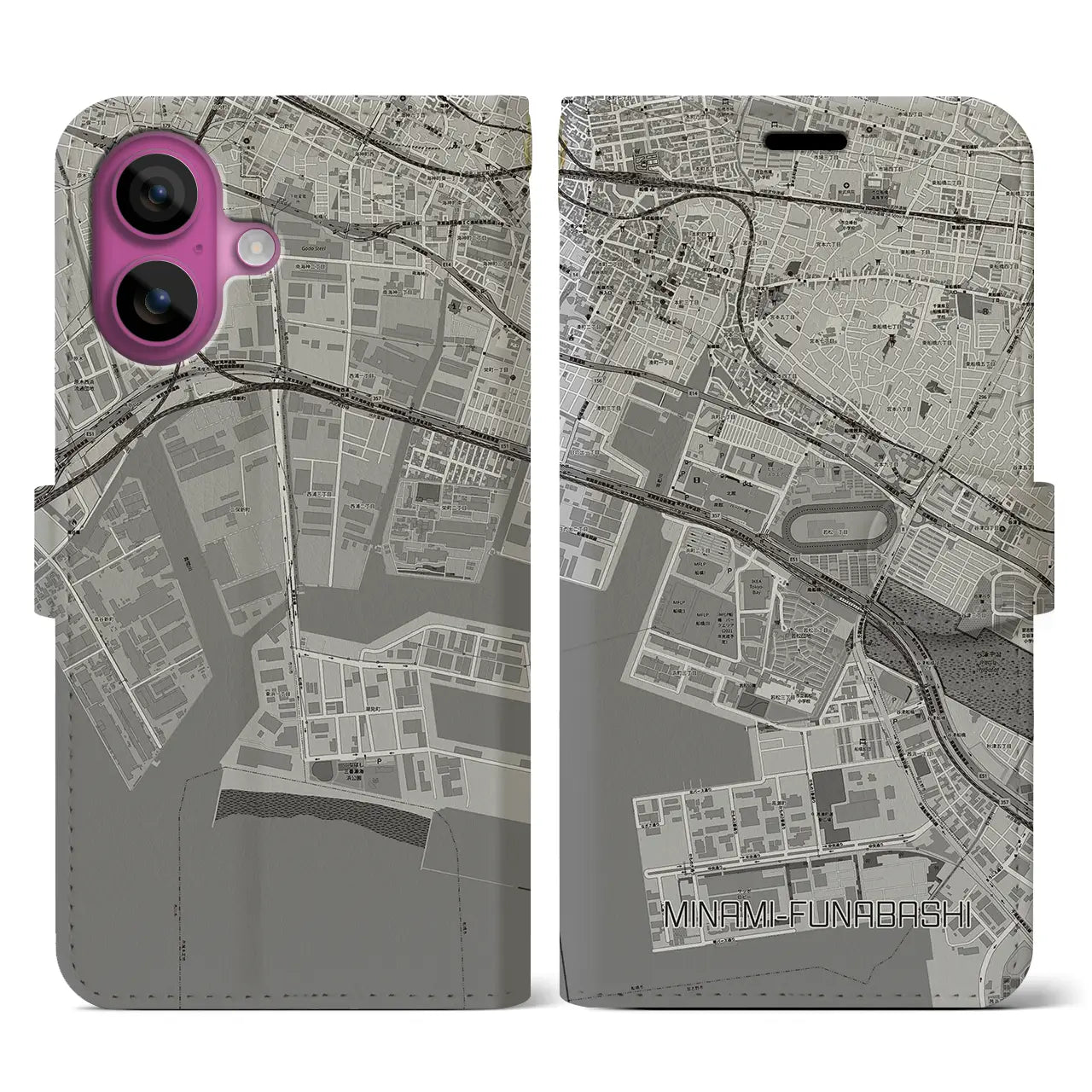 【南船橋(千葉県)】地図柄iPhoneケース(手帳タイプ)モノトーン・iPhone 16 Pro 用