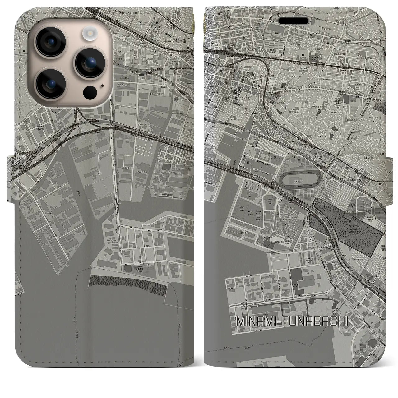 【南船橋(千葉県)】地図柄iPhoneケース(手帳タイプ)モノトーン・iPhone 16 Plus 用