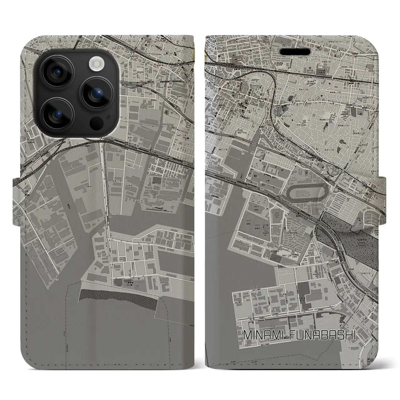 【南船橋(千葉県)】地図柄iPhoneケース(手帳タイプ)モノトーン・iPhone 16 用
