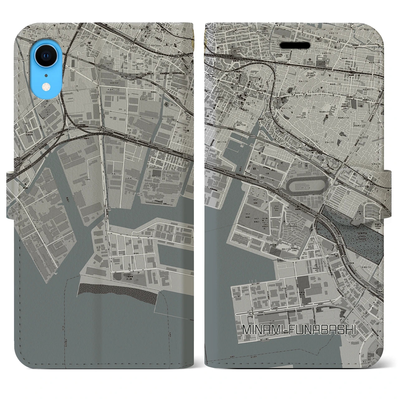 【南船橋(千葉県)】地図柄iPhoneケース(手帳タイプ)モノトーン・iPhone XR 用