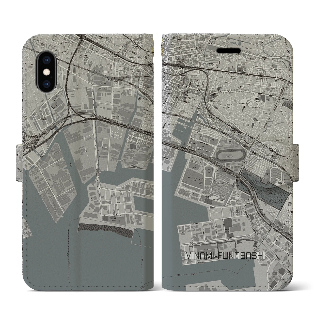 【南船橋(千葉県)】地図柄iPhoneケース(手帳タイプ)モノトーン・iPhone XS / X 用