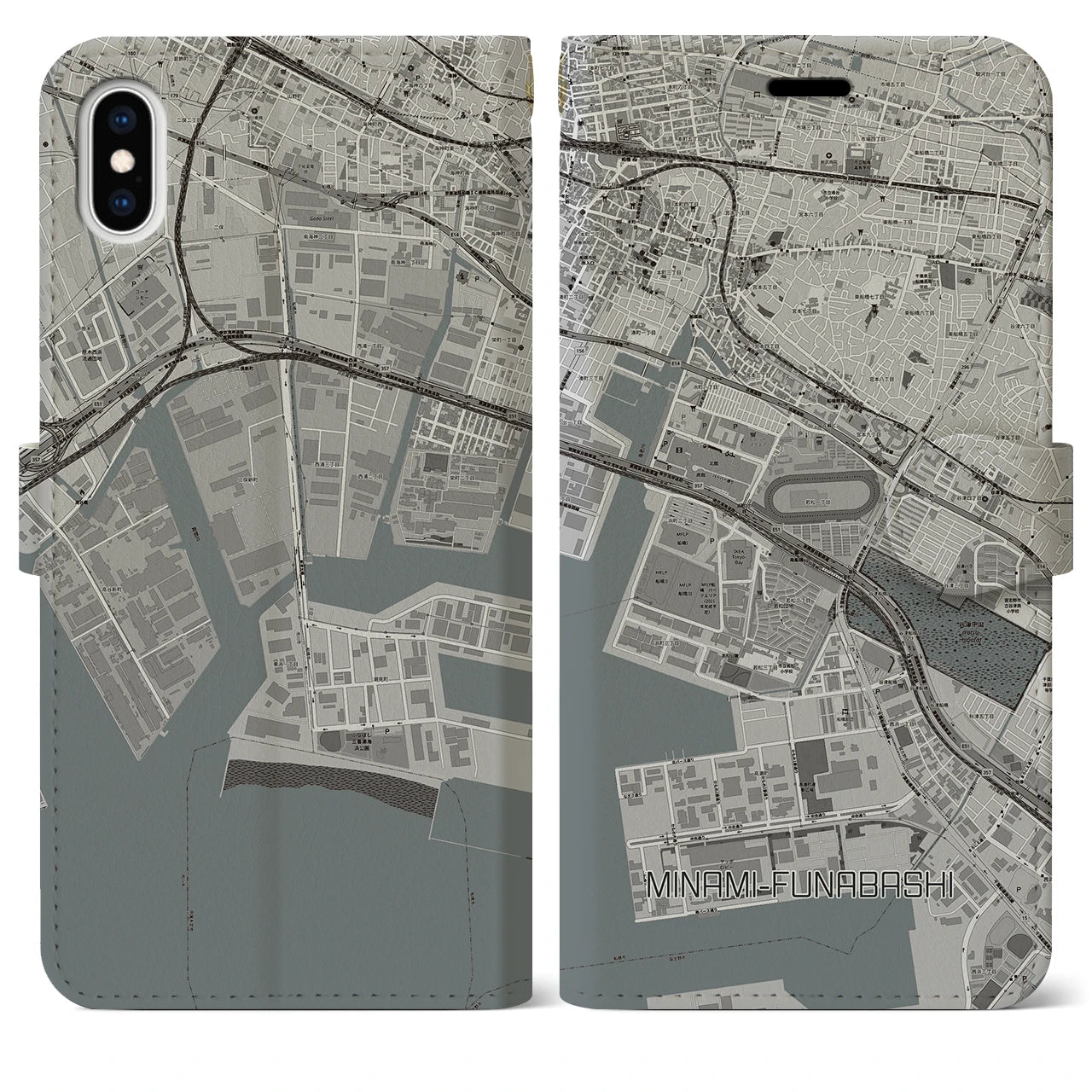 【南船橋(千葉県)】地図柄iPhoneケース(手帳タイプ)モノトーン・iPhone XS Max 用
