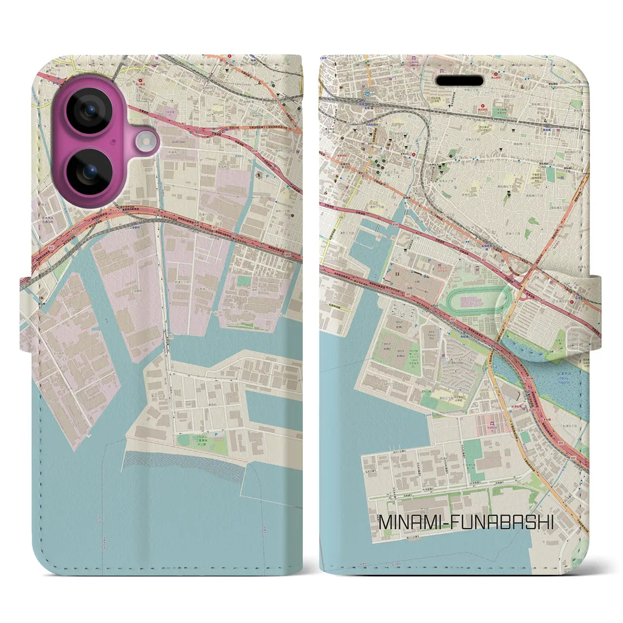 【南船橋(千葉県)】地図柄iPhoneケース(手帳タイプ)ナチュラル・iPhone 16 Pro 用