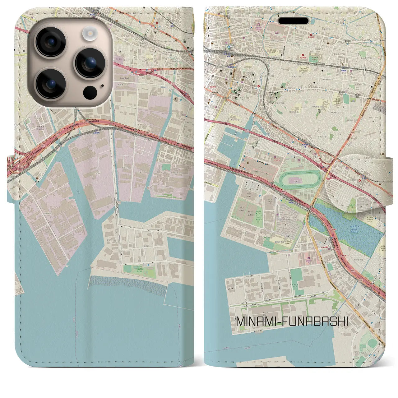【南船橋(千葉県)】地図柄iPhoneケース(手帳タイプ)ナチュラル・iPhone 16 Plus 用