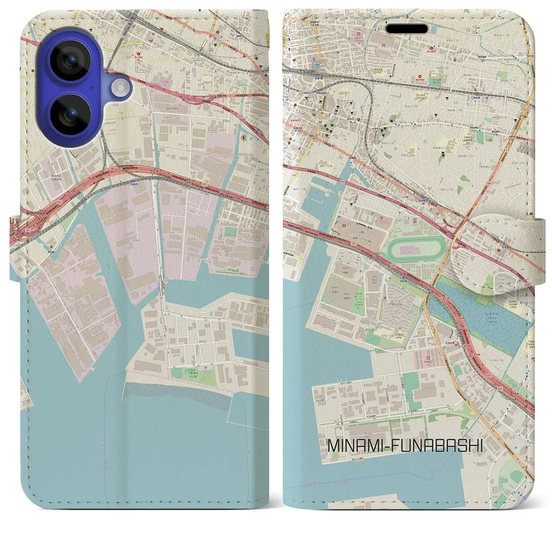 【南船橋(千葉県)】地図柄iPhoneケース(手帳タイプ)ナチュラル・iPhone 16 Pro Max 用