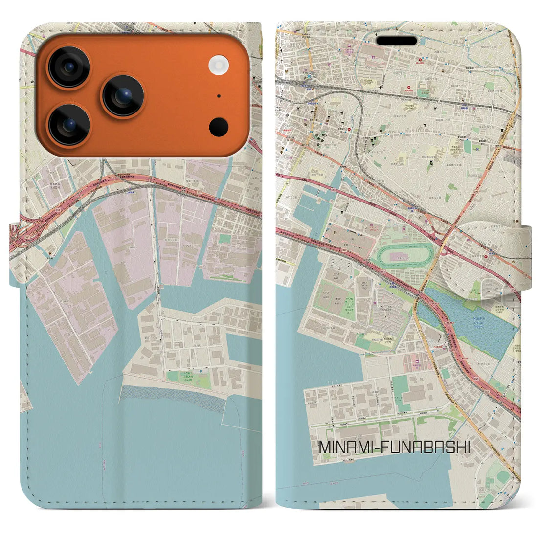 【南船橋(千葉県)】地図柄iPhoneケース(手帳タイプ)ナチュラル・iPhone 17 Pro Max 用